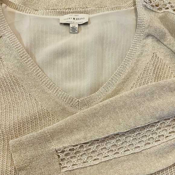 LUCKY BRAND Knit Metallic V-Neck Sweater Raglan Sleeves Lined Ivory Small Petite - Picture 2 of 9